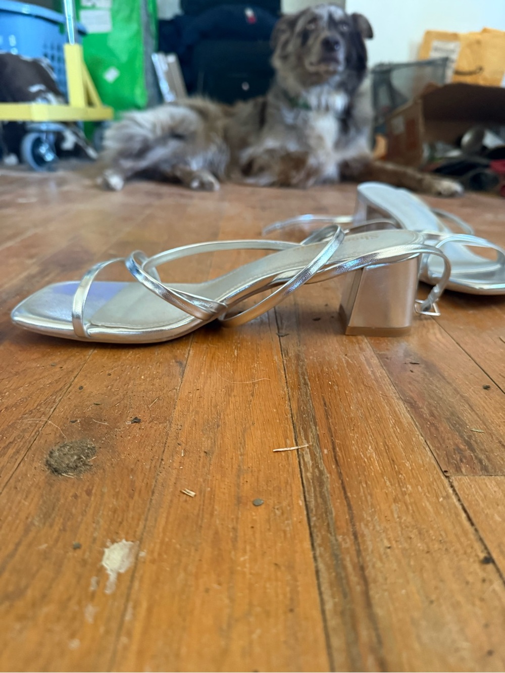 Silver Strappy Block Heel Sandals - Women